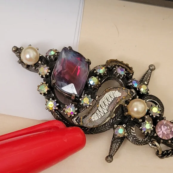 Florenza Hat Pin Stick Pin ~ Vintage ~ Victorian Revival ~ Rhinestones ~ Flaws - Picture 16 of 16